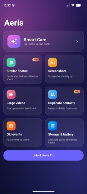 Aeris home screen on Android with the same tools as on iPhone.