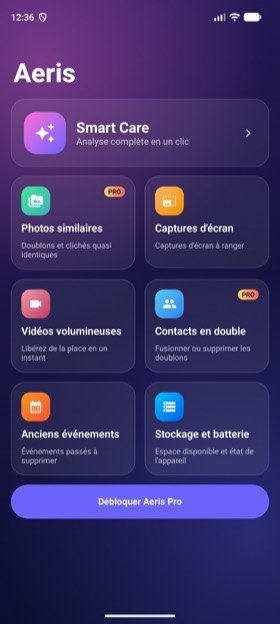 Écran d'accueil d'Aeris sur Android avec les mêmes fonctions que sur iPhone.