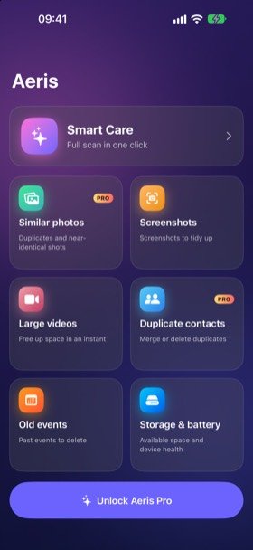 Aeris home screen on iPhone: Smart Care, Similar photos, Screenshots, Large videos, Duplicate contacts, Old events, Storage and battery.