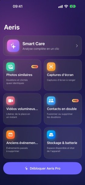 Écran d'accueil d'Aeris sur iPhone : Smart Care, Photos similaires, Captures d'écran, Vidéos volumineuses, Contacts en double, Anciens événements, Stockage et batterie.