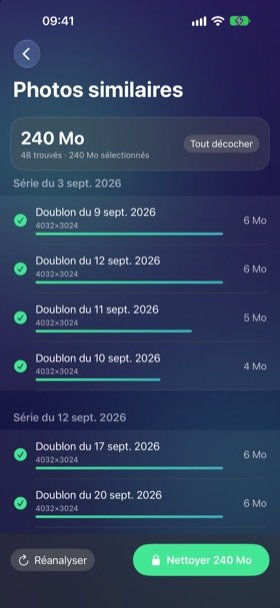Écran Photos similaires d'Aeris sur iPhone : séries de doublons avec taille libérable et bouton de nettoyage.